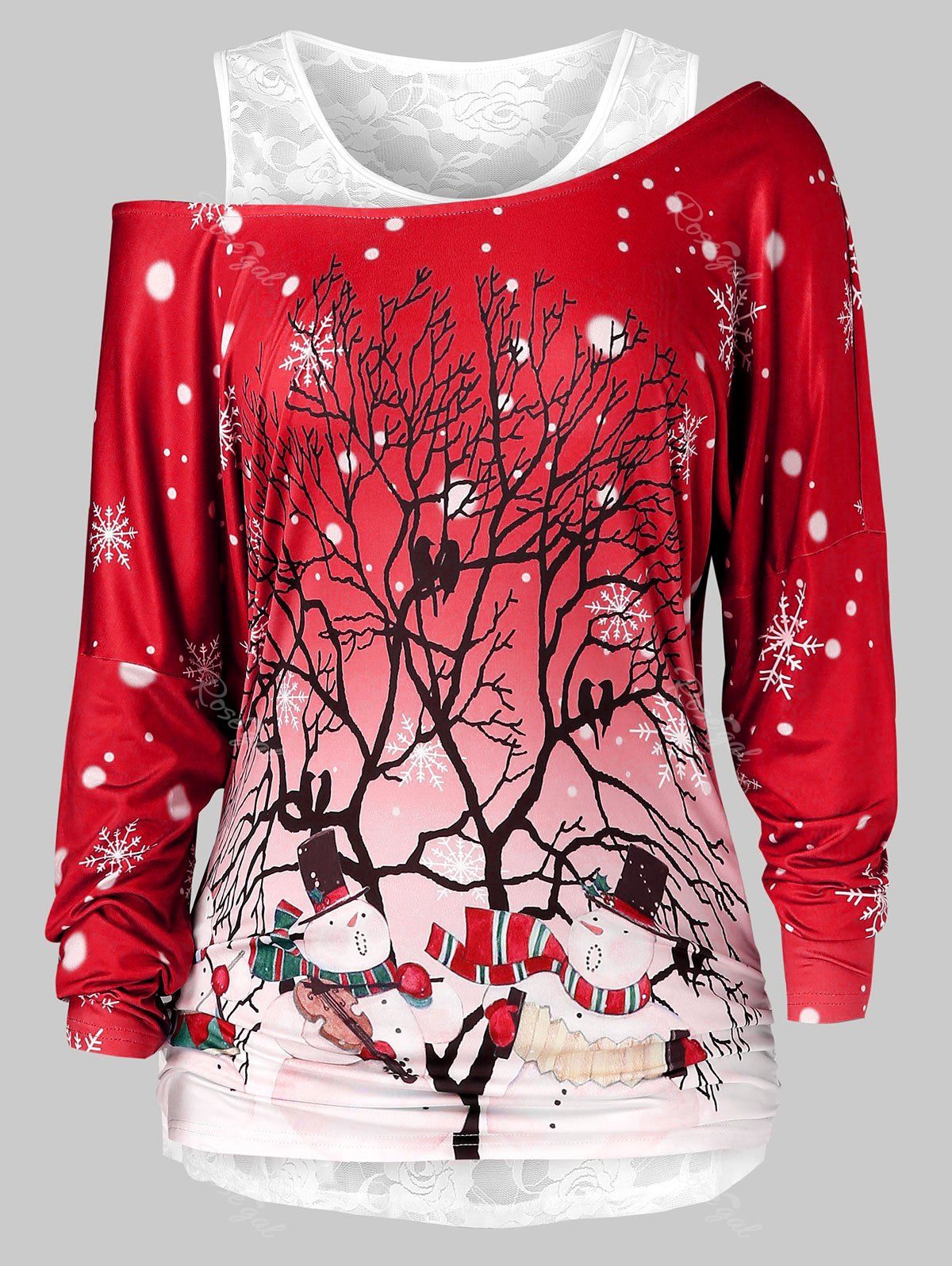 

Plus Size Christmas Printed Skew Neck T Shirt And Lace Top Set, Red