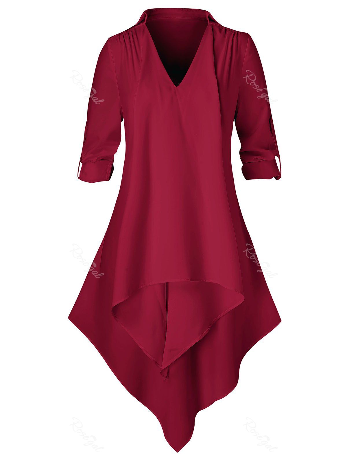 

Plus Size Tunic Asymmetric Lace Insert Shirt, Red wine