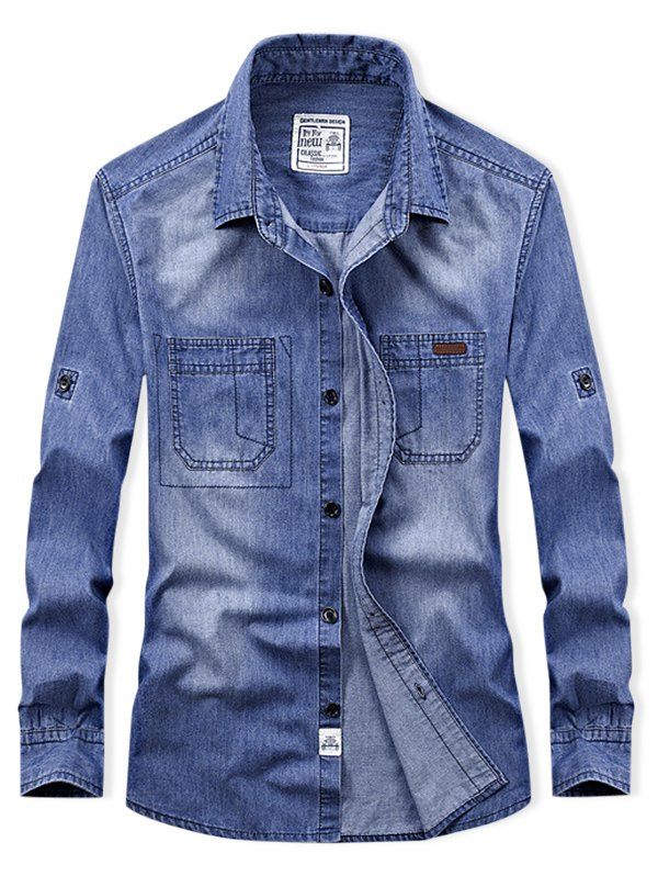 

Button Up Denim Cargo Shirt, Denim blue