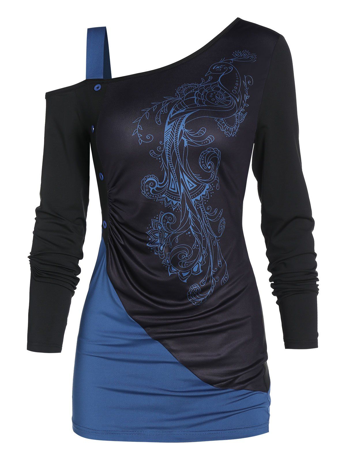 

Peacock Print Two Tone Exposed Shoulder T Shirt, Multi-a