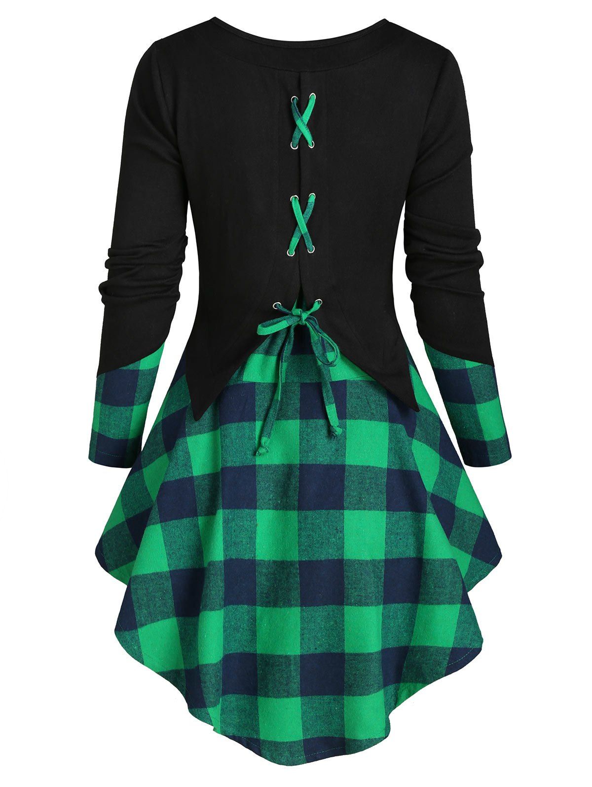 

Plaid Lace Up Dip Hem Knitwear, Clover green