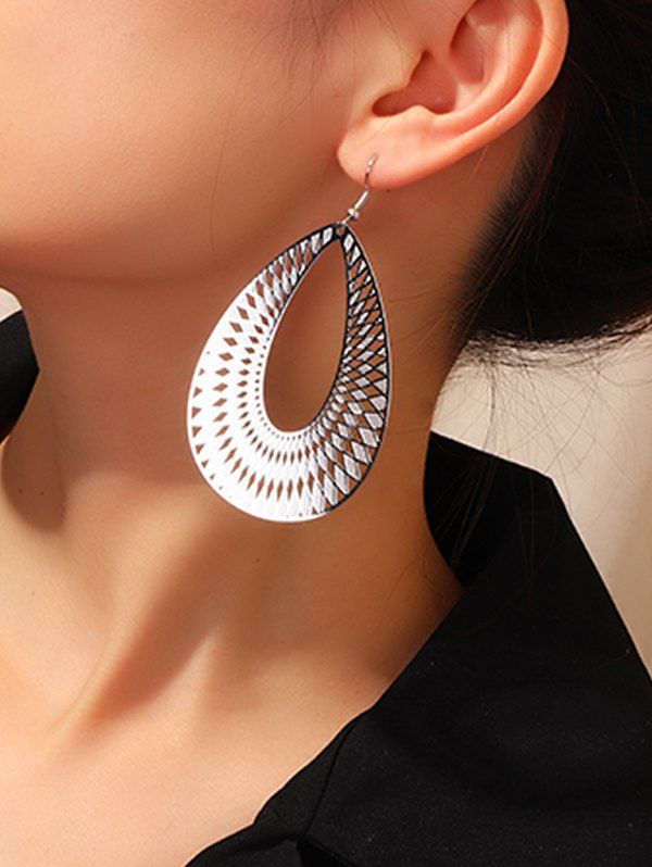 

Geometric Hollow Out Water Drop Earrings, Silver
