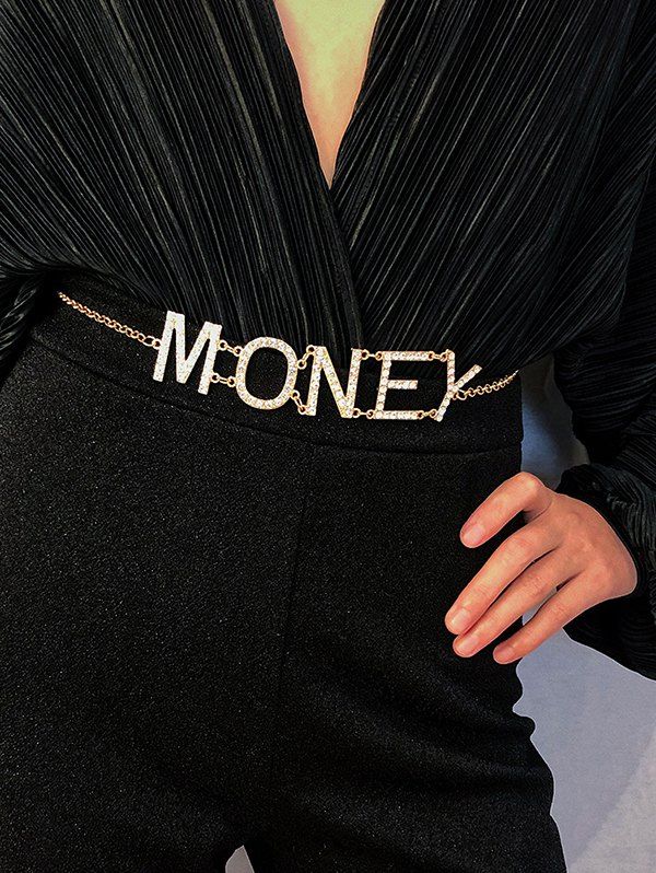 

Rhinestone Money Letter Waist Chain Belt, Gold