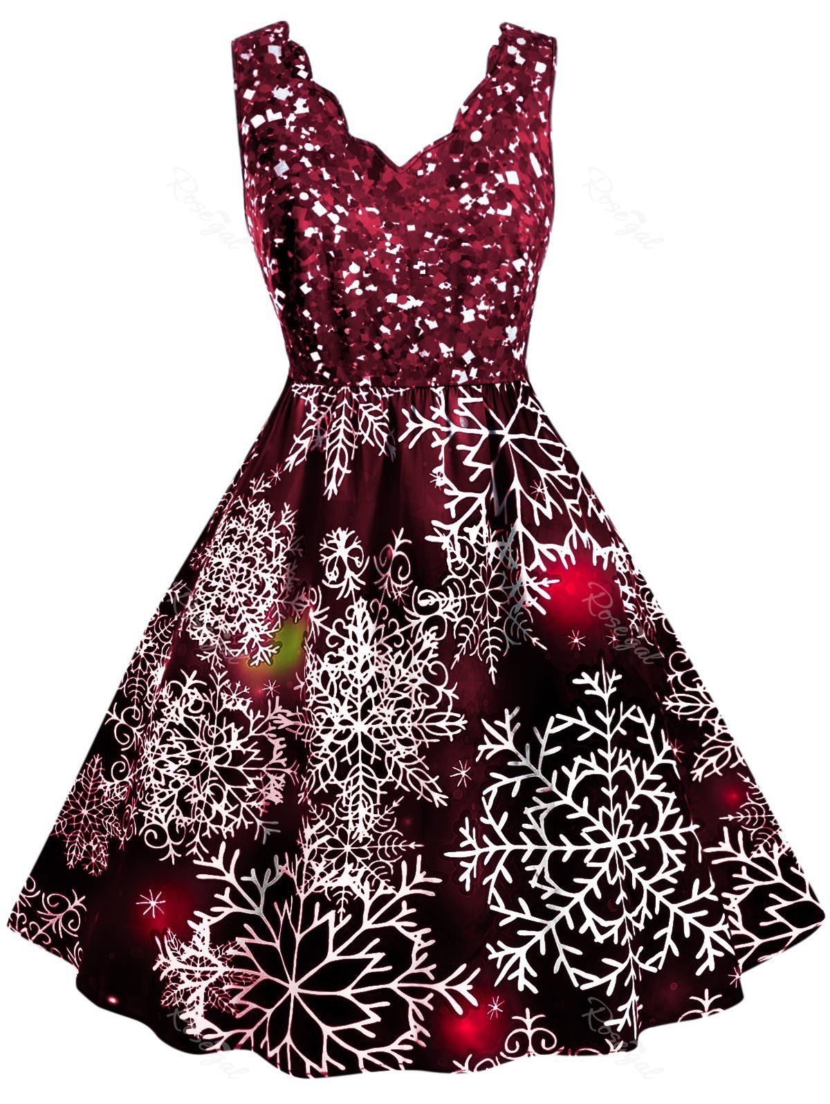 

Scalloped Collar Snowflake Print Christmas Plus Size Dress, Red
