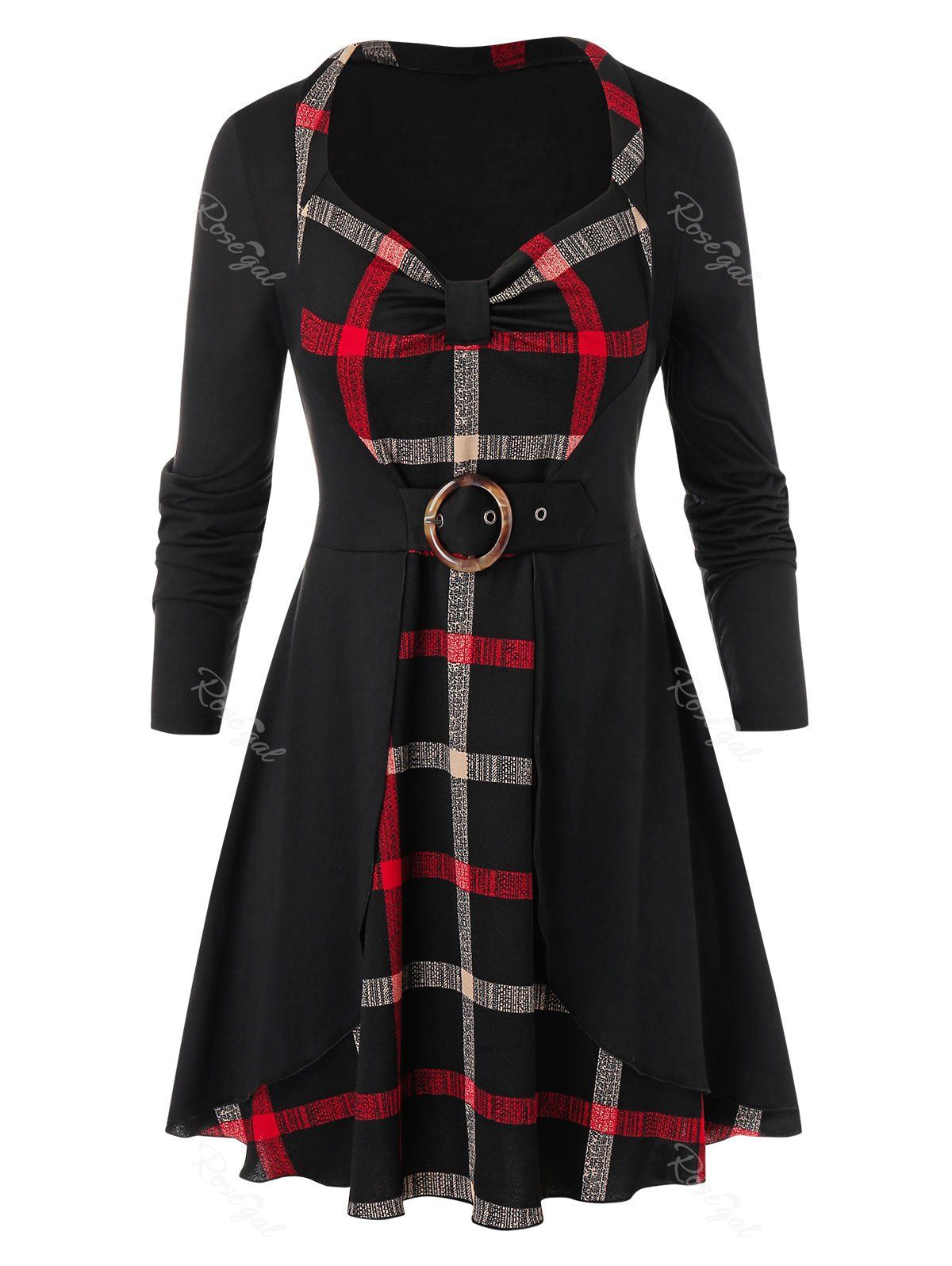 

Plus Size Plaid Front Knot Tunic T Shirt, Black
