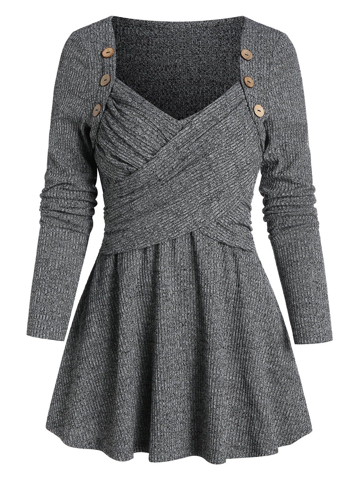 

Button Wrap Longline A Line Sweater, Ash gray