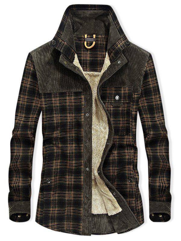 

Plaid Print Button Up Fleece Jacket, Army green