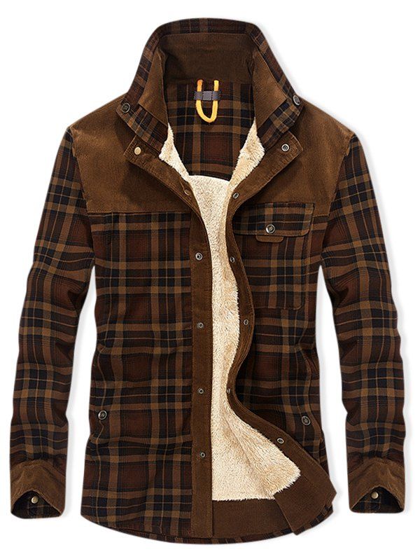 

Plaid Print Button Up Fleece Jacket, Coffee