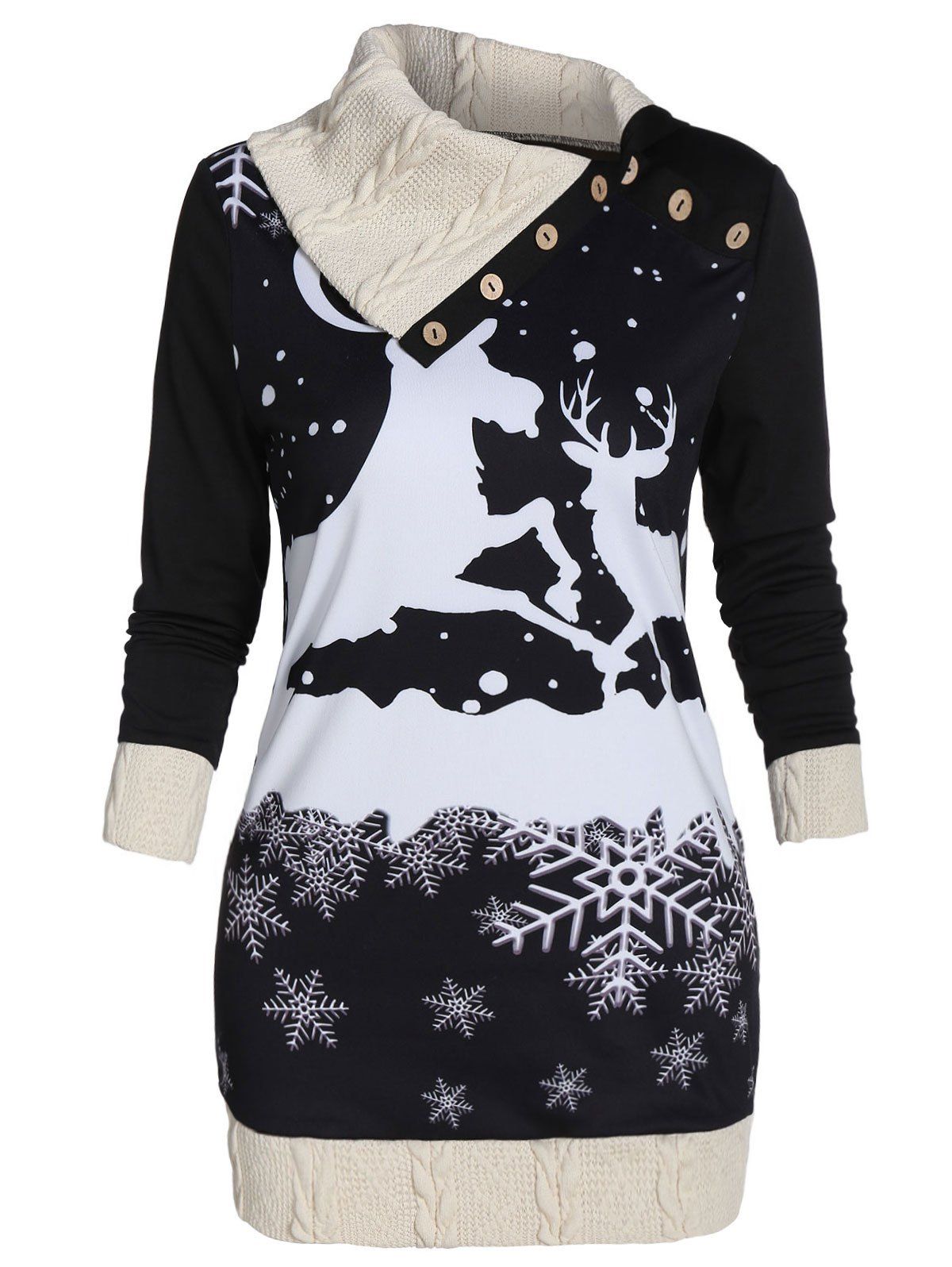

Christmas Elk Snowflake Print Cable-knit Trim Button Sweatshirt, Black