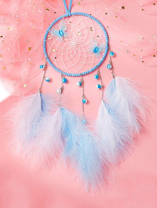 

Faux Feather Butterfly Artificial Pearl Dream Catcher, Day sky blue