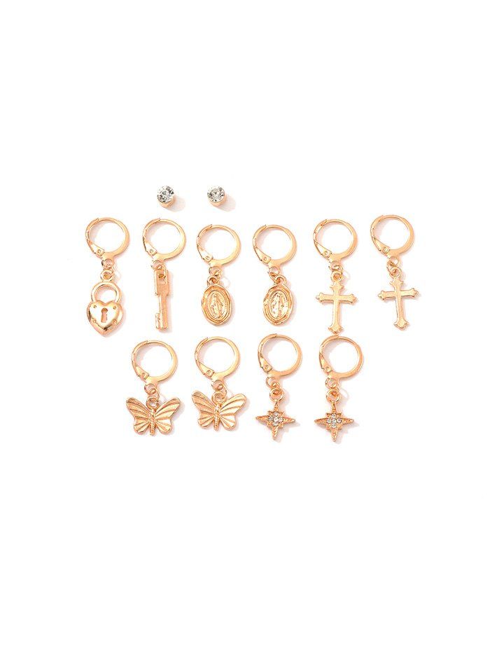 

Rhinestone Butterfly Cross Shape Earrings Set, Gold