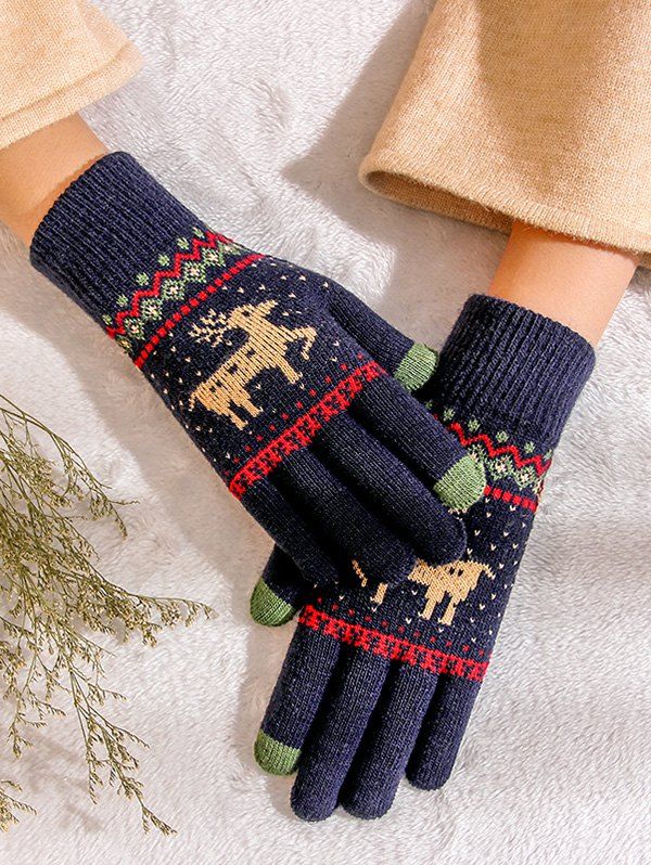 

Christmas Wapiti Pattern Knitted Gloves, Navy blue
