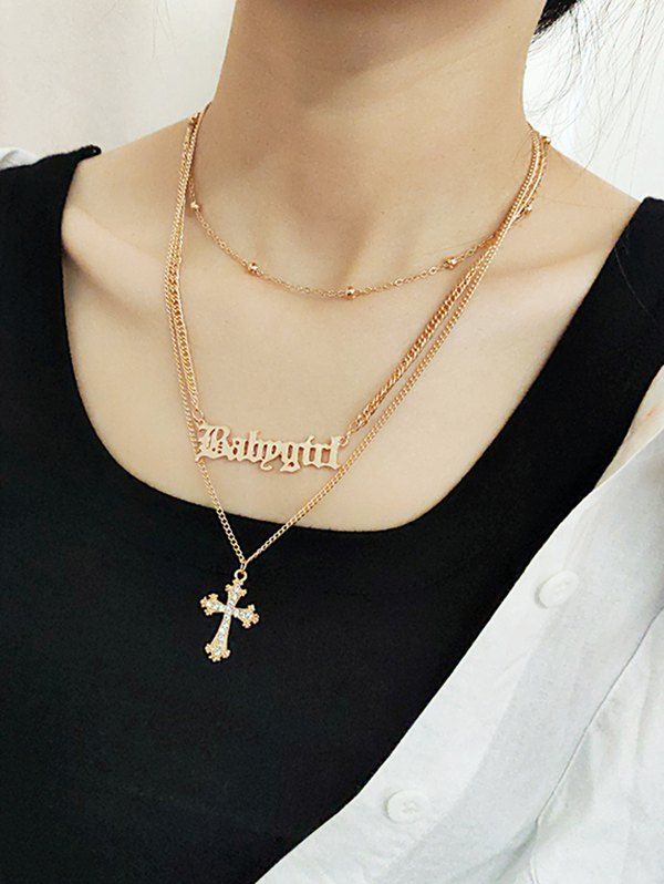 

Rhinestone Cross Letter Layered Necklace, Gold