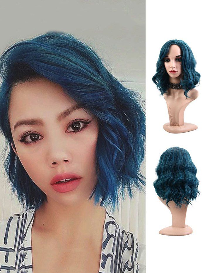 

Synthetic Side Part Wavy Medium Party Wig, Peacock blue