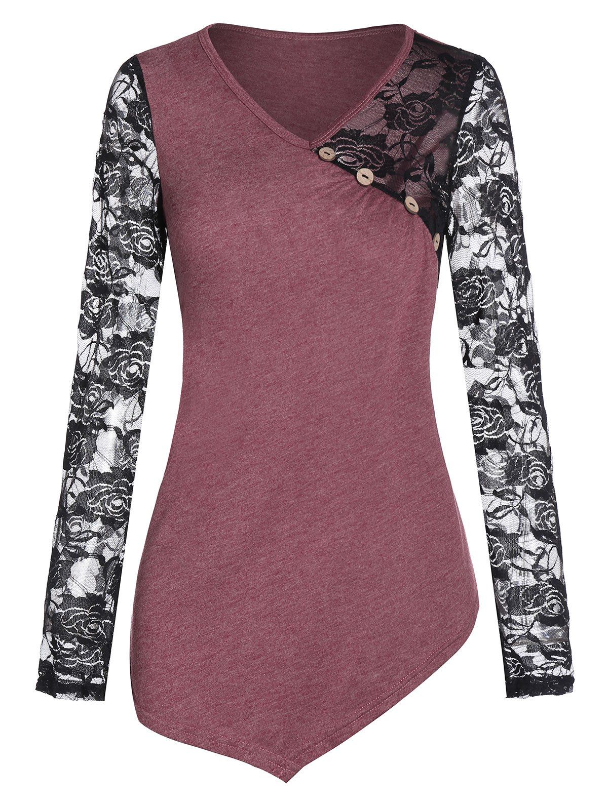 

V Neck Lace Sleeve Button Asymmetrical Top, Multi-a