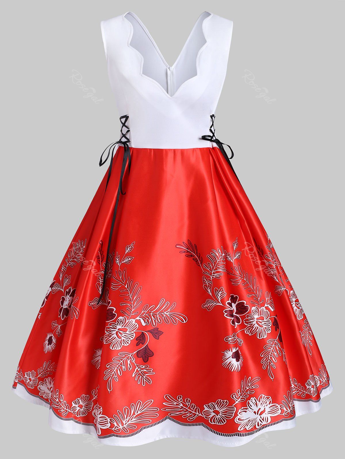 

Plus Size Lace Up Flower Print Scalloped Dress, Red