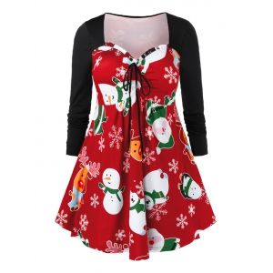 

Plus Size Christmas Snowman Printed Cinched T Shirt, Red