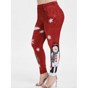 

Plus Size Christmas Snowman Snowflake 3D Print Jeggings, Lava red