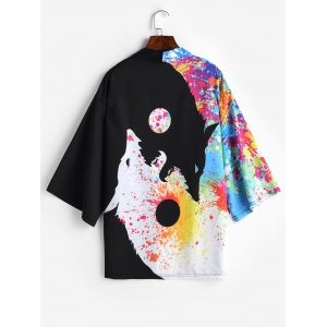 

Roaring Moon Wolf Print Casual Kimono Cardigan, Multi a