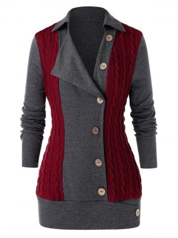 

Plus Size Buttoned Colorblock Cable Knit Sweater, Dark gray