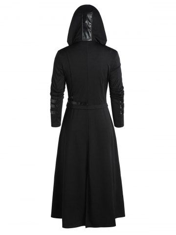 

Hooded Faux Leather Insert Faux Twinset Gothic Coat, Black