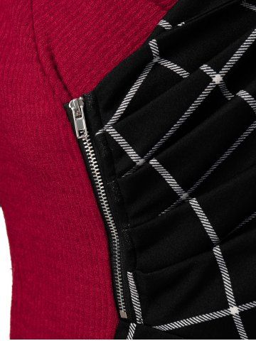 

Plus Size Plaid Wrap Collar Jointed Zipper Top, Black