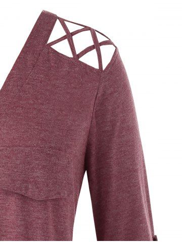 

Plus Size Criss Cross Roll Tab Sleeve High Low Tunic Tee, Red wine