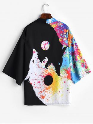 Roaring Moon Wolf Print Casual Kimono Cardigan