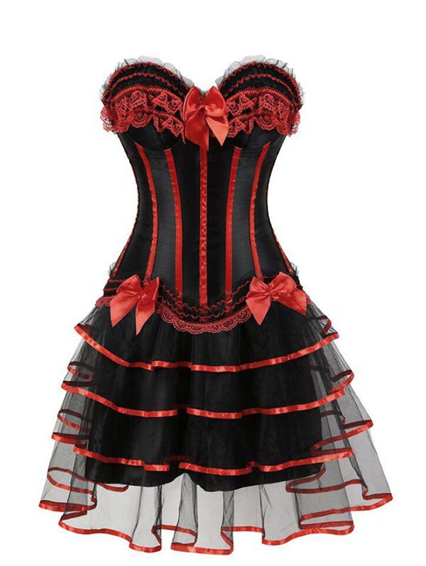

Lace Up Bowknot Lace Panel Corset Set, Red