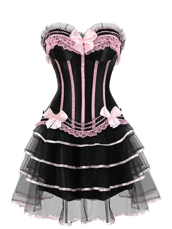 

Lace Up Bowknot Lace Panel Corset Set, Pink