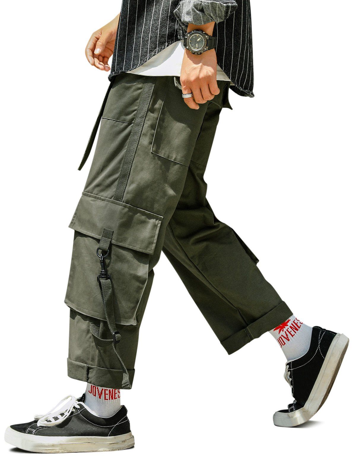 

Plain Elastic Waist Straight Cargo Pants, Army green