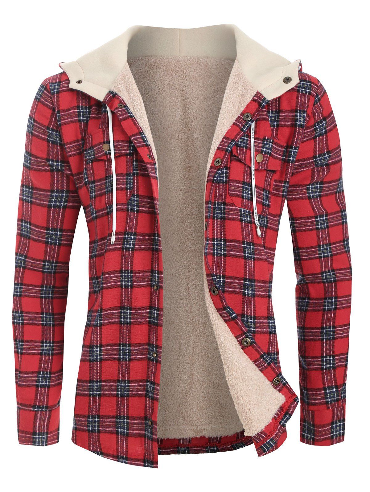 Hot Plaid Chest Pocket Fleece Hooded Jacket  