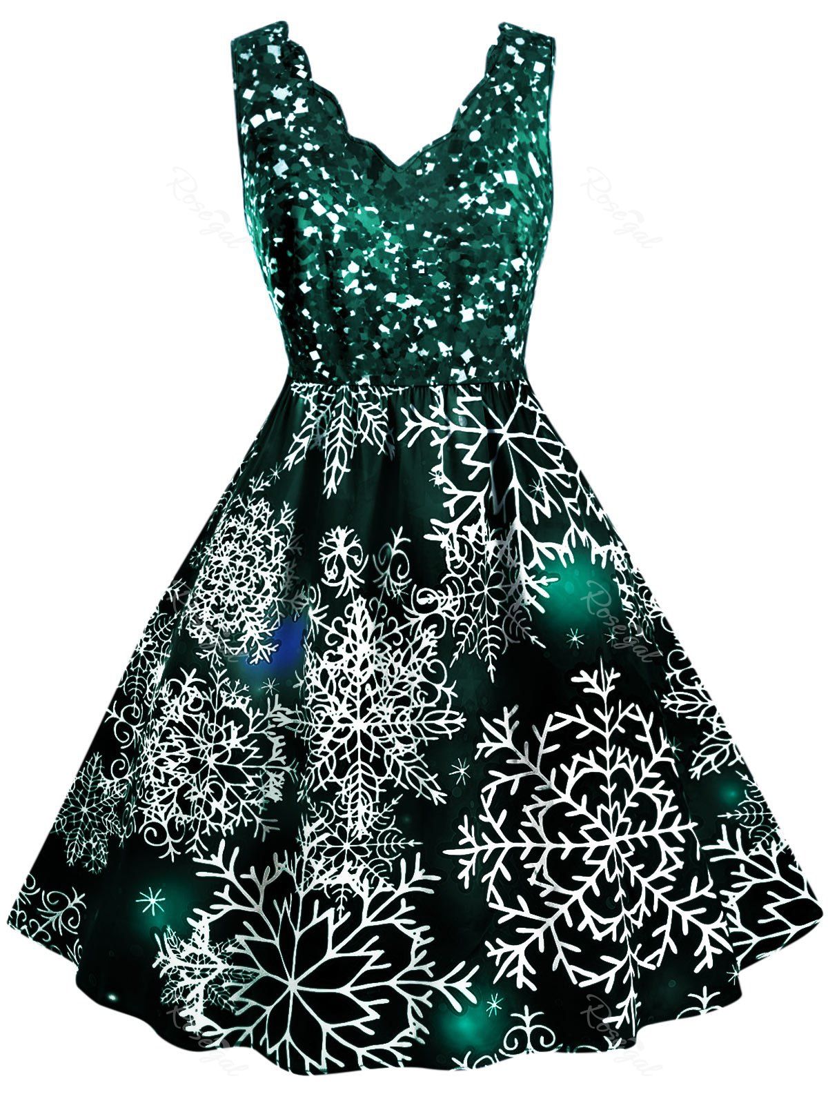 

Scalloped Collar Snowflake Print Christmas Plus Size Dress, Green