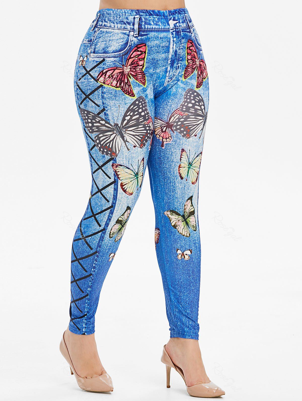 

High Waisted Sparkle Butterfly 3D Print Plus Size Jeggings, Blue