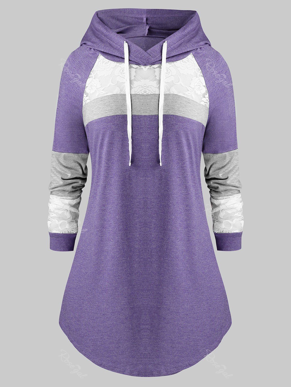 

Plus Size Lace Panel Hooded Color-blocking Curved Tunic Tee, Crocus purple