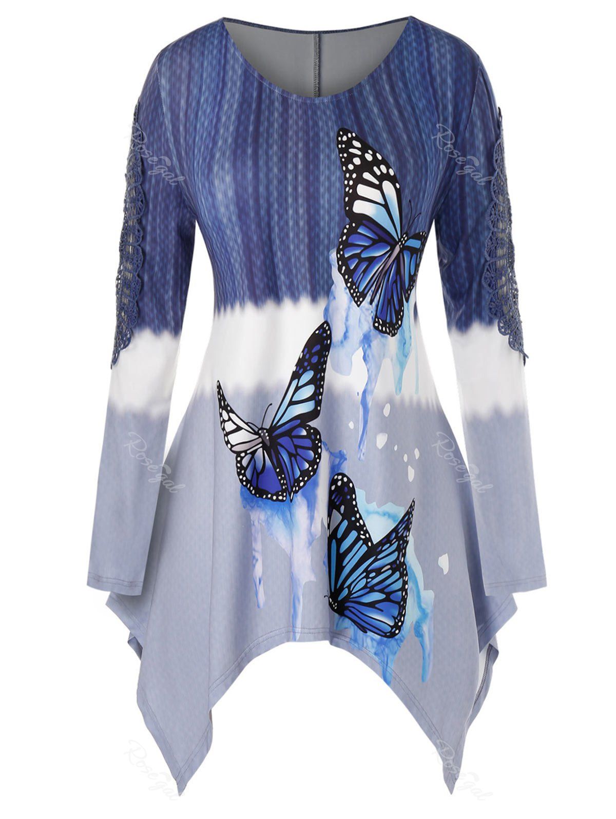 

Plus Size Asymmetrical Butterfly Print Guipure Lace Panel Tee, Multi