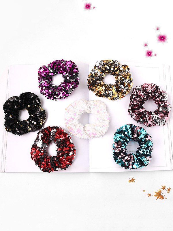 

7Pcs Double-sided Sequined Elastic Scrunchy Set, Multi-a