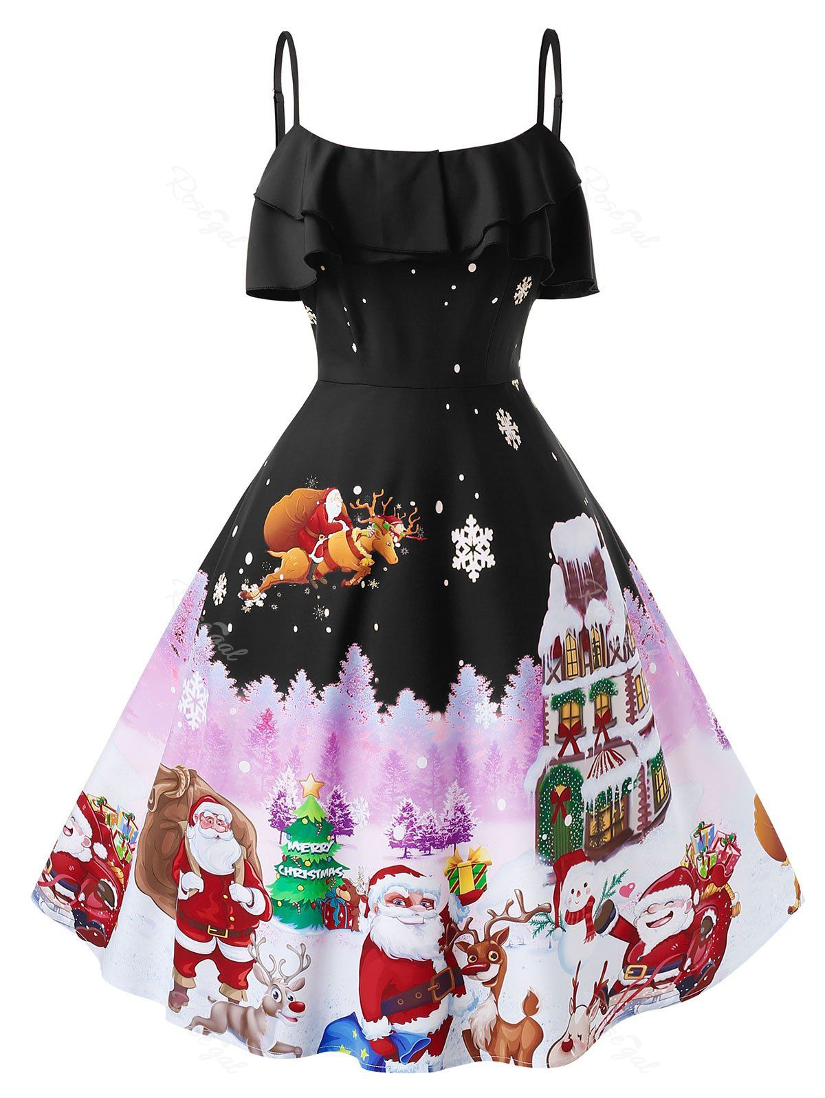 

Plus Size Christmas Vintage Printed Party Dress, Black