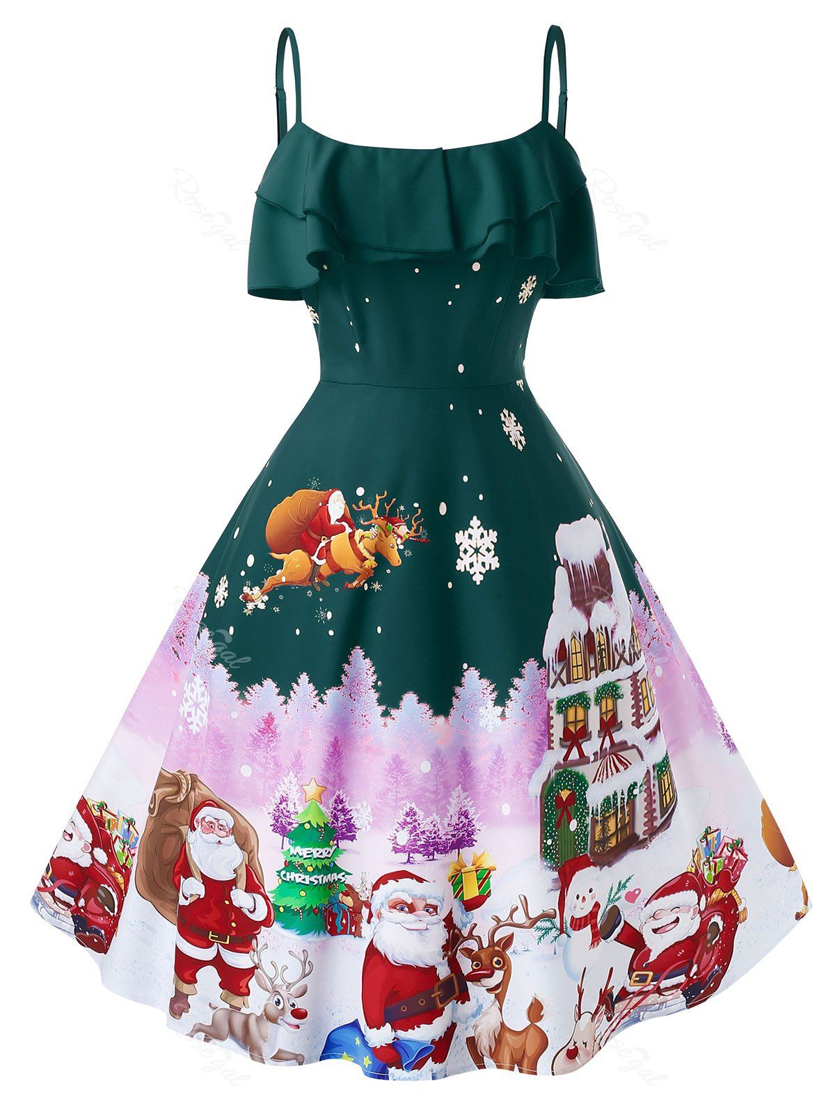 Robe Soirée de Noël Vintage Imprimée Grande Taille Vert Forêt Noire L