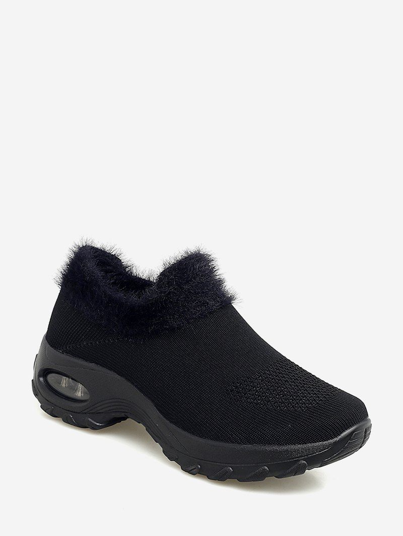 

Fuzzy Trim Knitted Slip On Casual Walking Shoes, Black