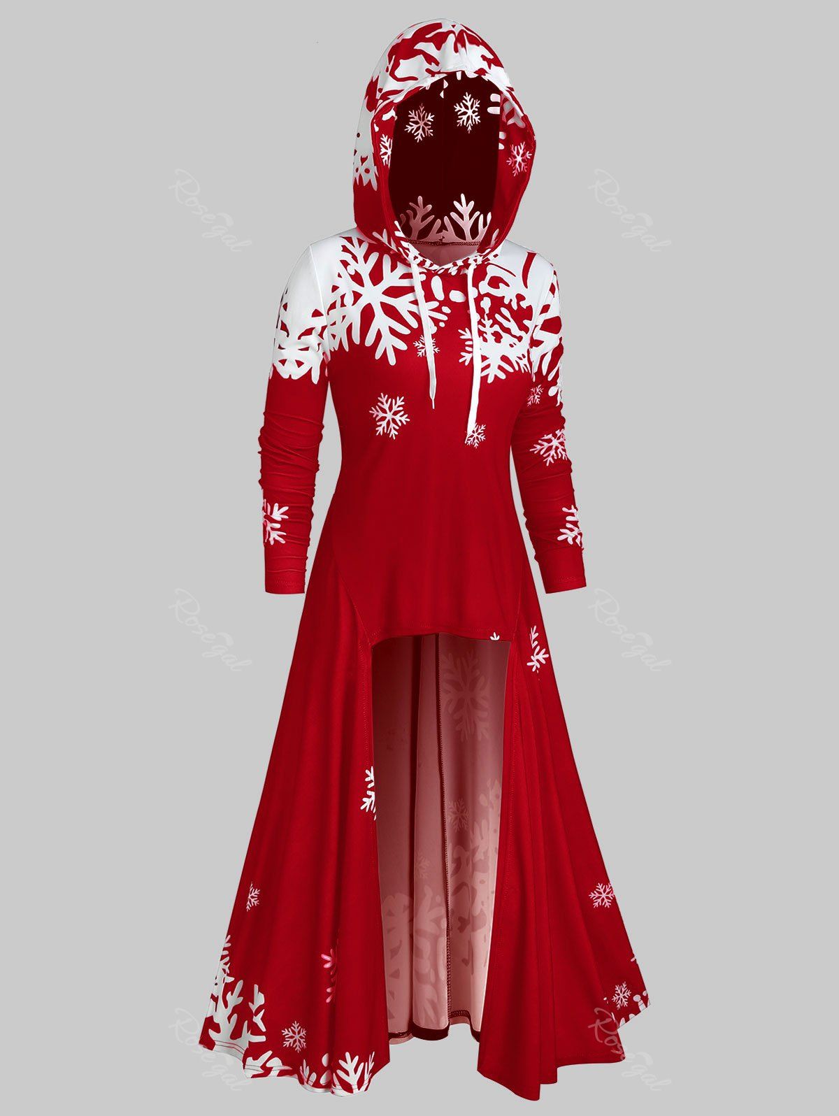 

Plus Size Christmas Snowflake Print High Low Hoodie, Red