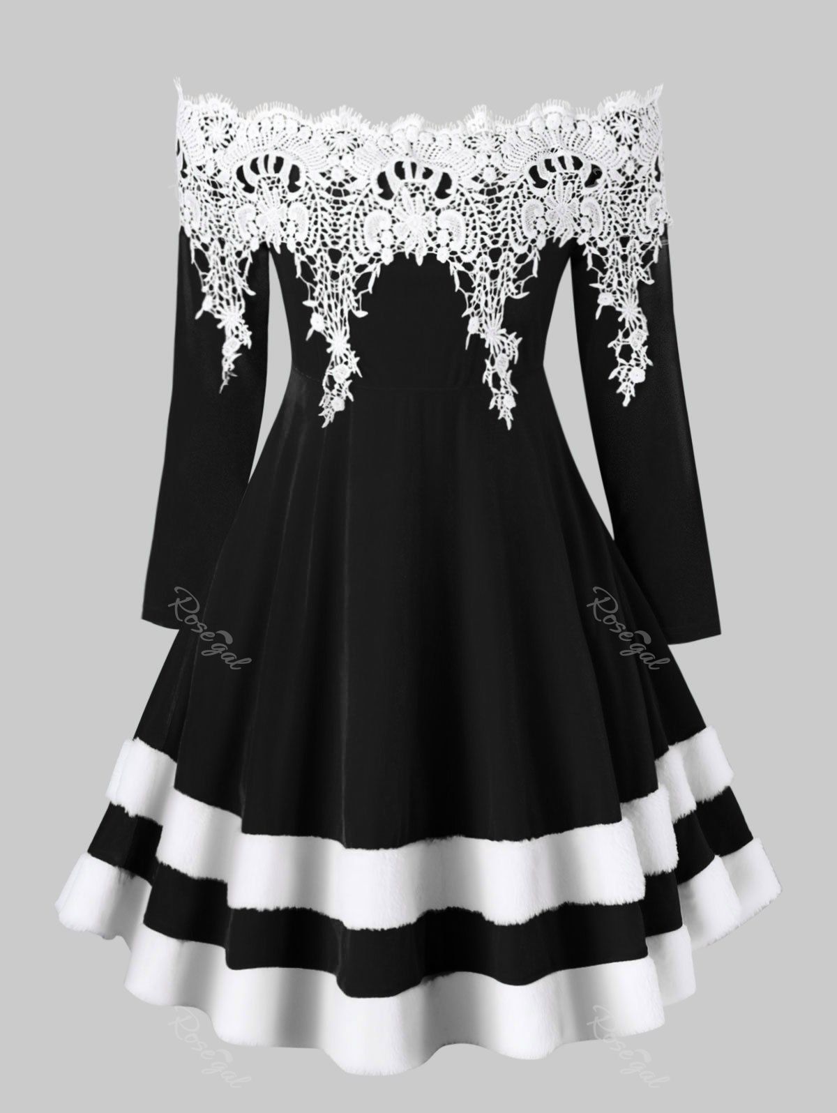 

Plus Size Off Shoulder Contrast Lace Velvet Christmas Dress, Black