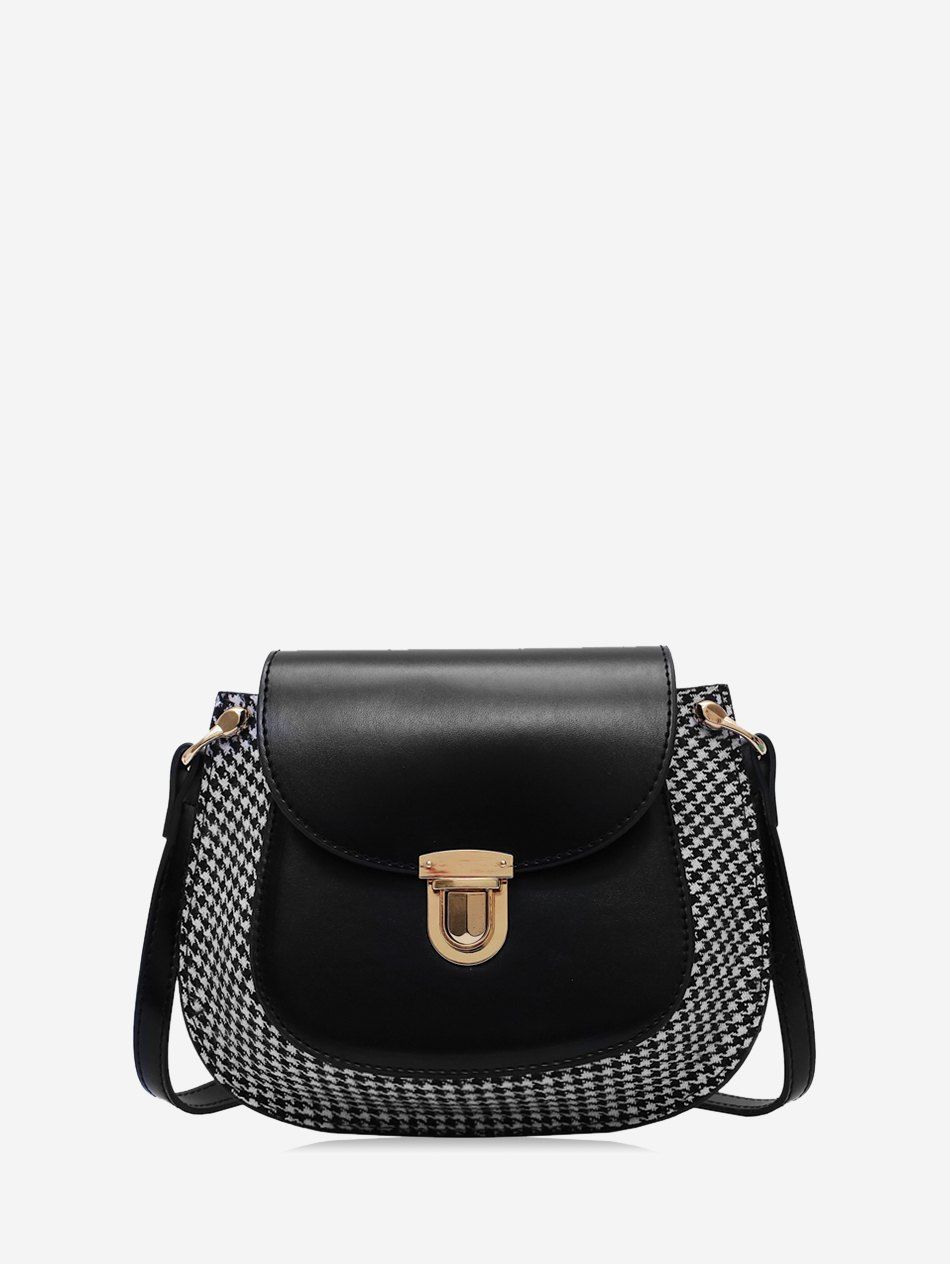 Trendy Houndstooth Panel Flap Saddle Bag  