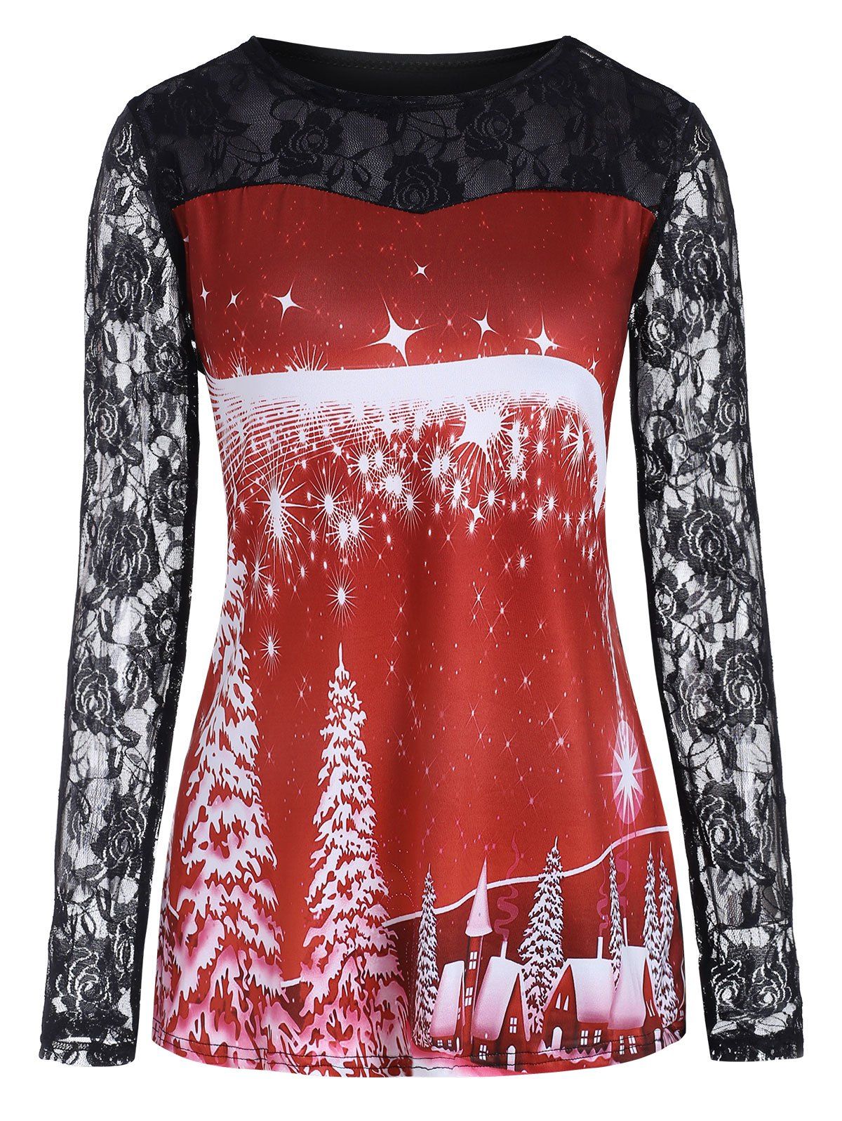

Christmas Tree Village Print Lace Insert Long Sleeve T-shirt, Red
