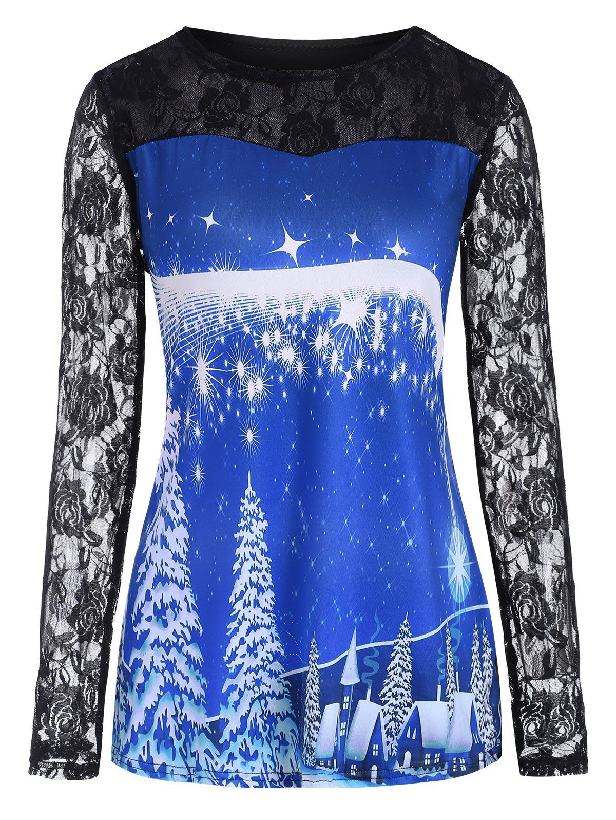 

Christmas Tree Village Print Lace Insert Long Sleeve T-shirt, Blue