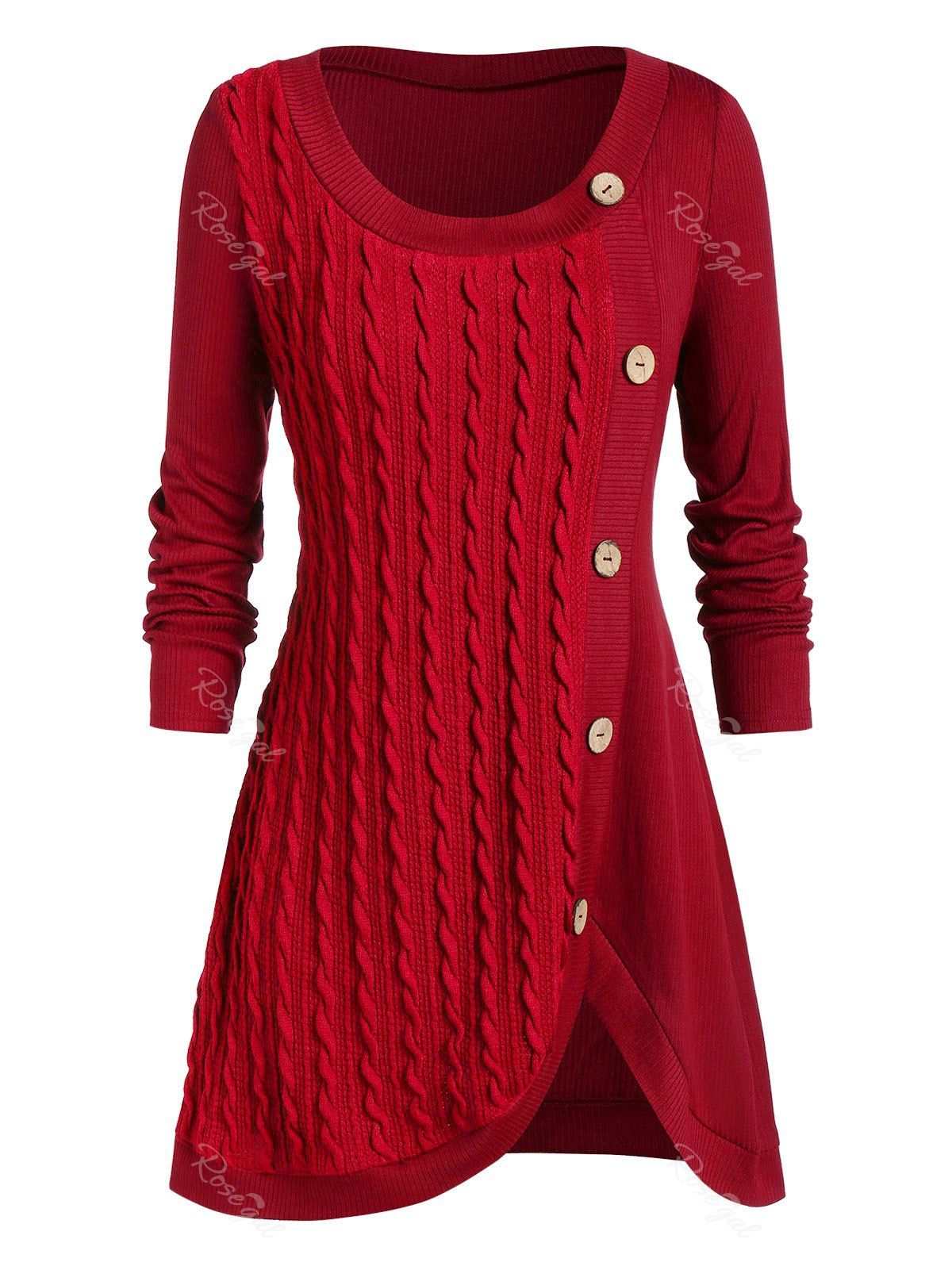 

Plus Size Split Buttoned Cable Knit Sweater, Red
