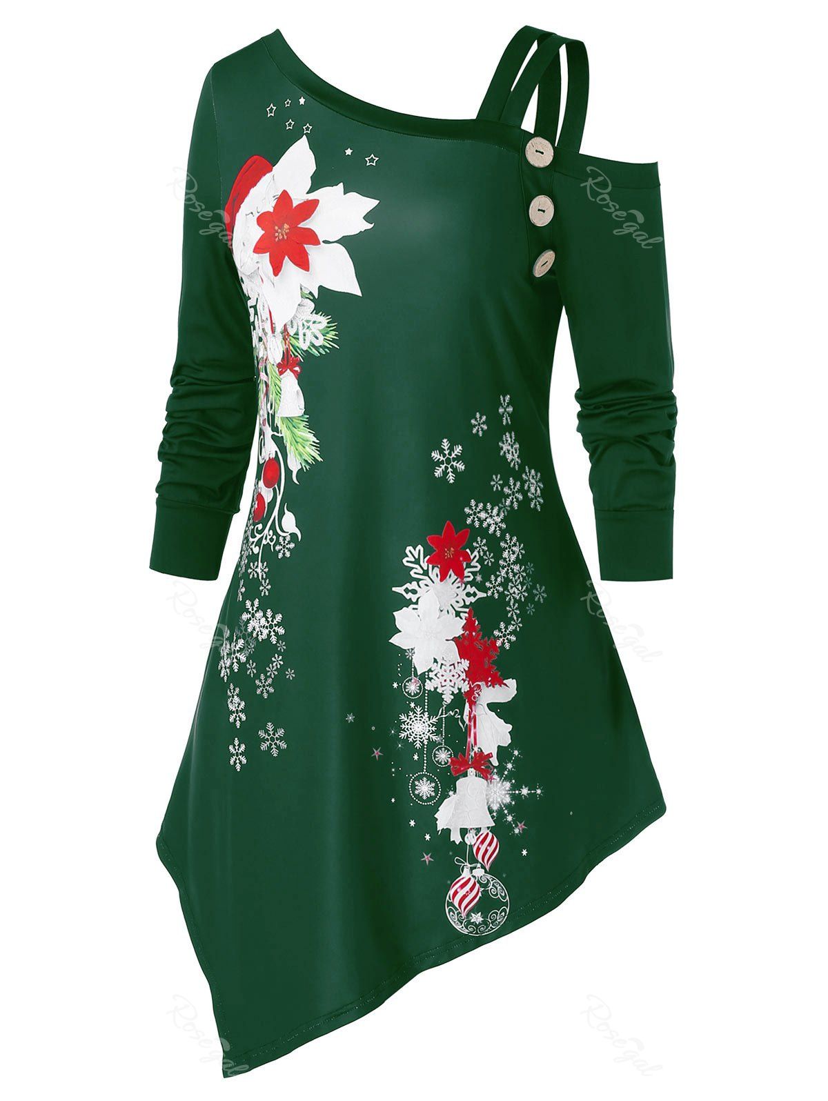 

Plus Size Christmas Flower Snowflake Cold Shoulder Asymmetrical Tee, Deep green