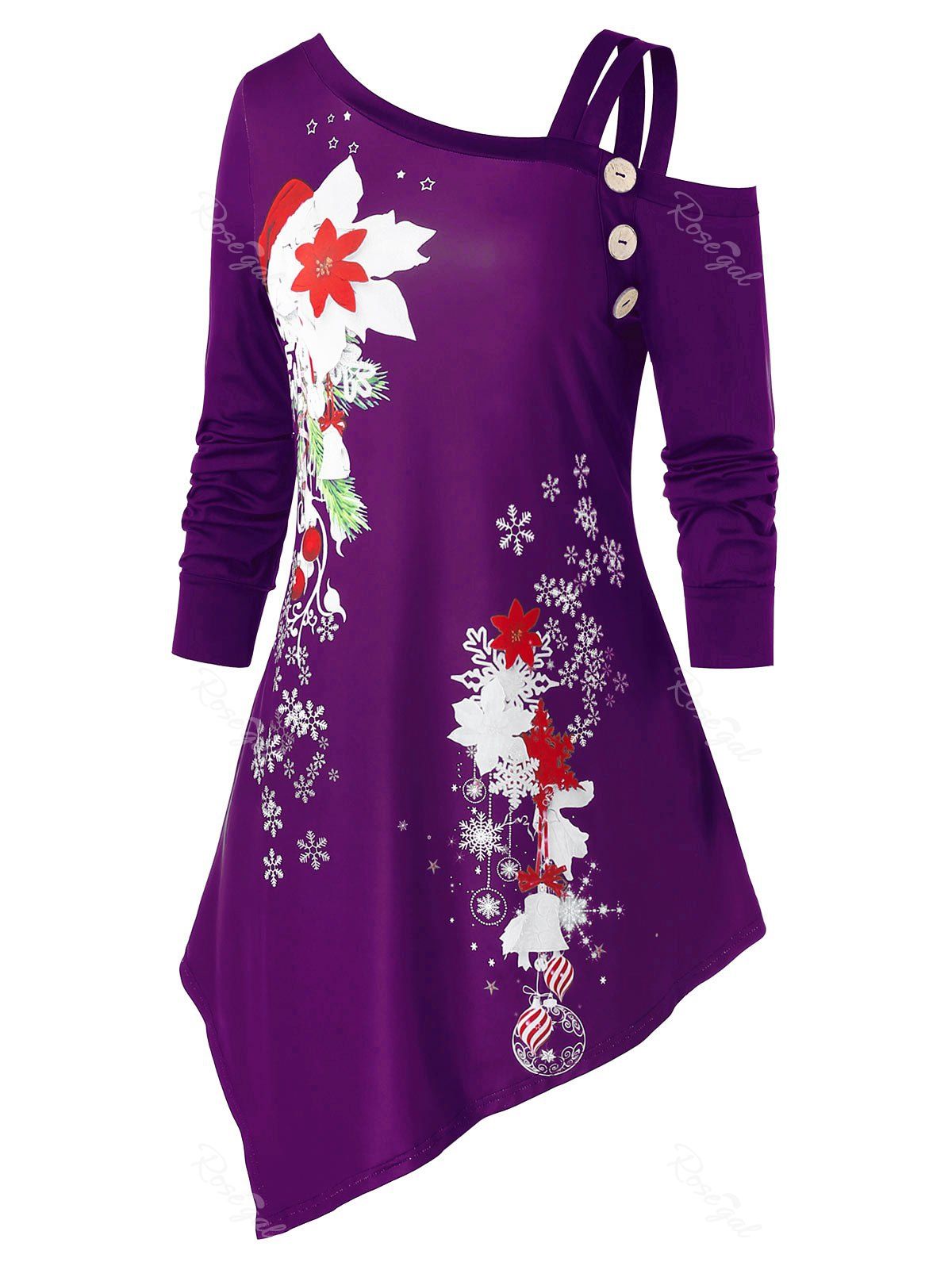 

Plus Size Christmas Flower Snowflake Cold Shoulder Asymmetrical Tee, Purple iris
