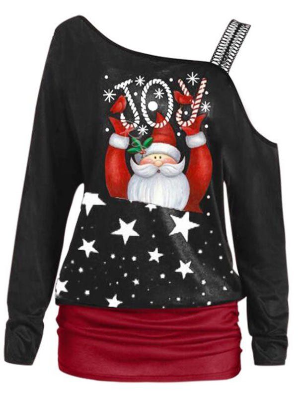

Plus Size Christmas Skew Neck Santa Claus Print T Shirt, Black