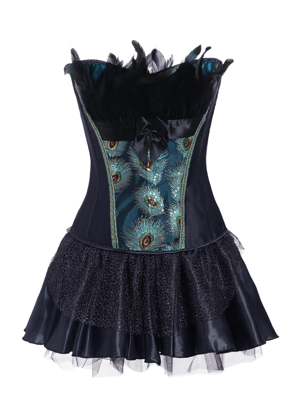 

Feathers Bowknot Peacock Corset Set, Black